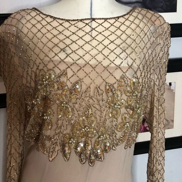 Jovani Evening Long Sleeve Beaded Illusion Beige Gatsby Deco Formal Keyhole Gown - Picture 3 of 15